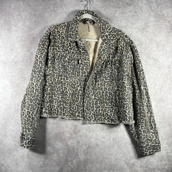 Free People Jacket Womens Small Black Brown Leopard Print Denim Cropped‎ Raw Hem - Picture 2 of 9